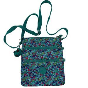Kipling Alvar Crossbody Bag Aqua Blue Floral Furry Monkey Keychain Otto Purse